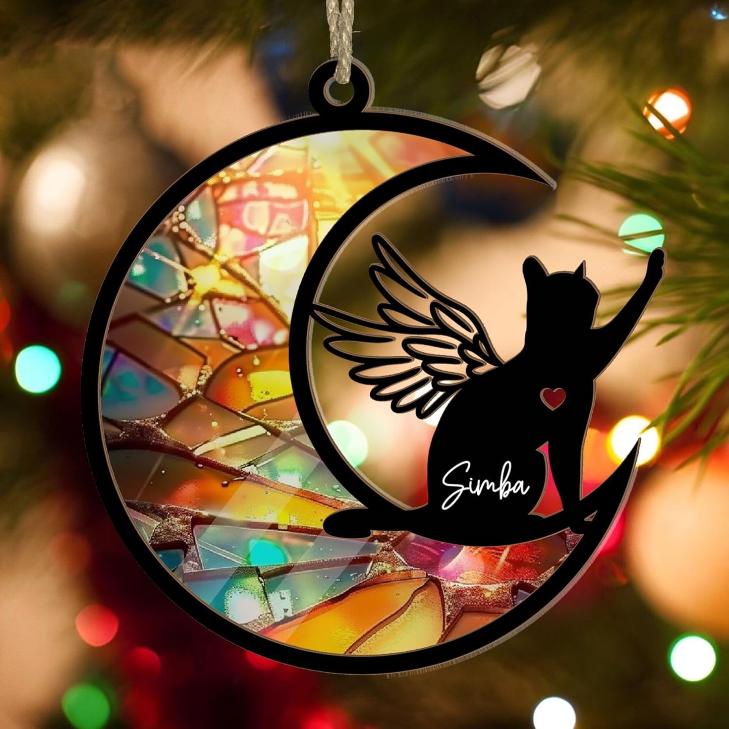 Personalized Cat Memorial Suncatcher – Crescent Moon Pet Loss Ornament with Angel Wings & Heart Cutout – Custom Rainbow Stained Glass Cat Bereavement Gift for Window, Mirror, or Sympathy Display