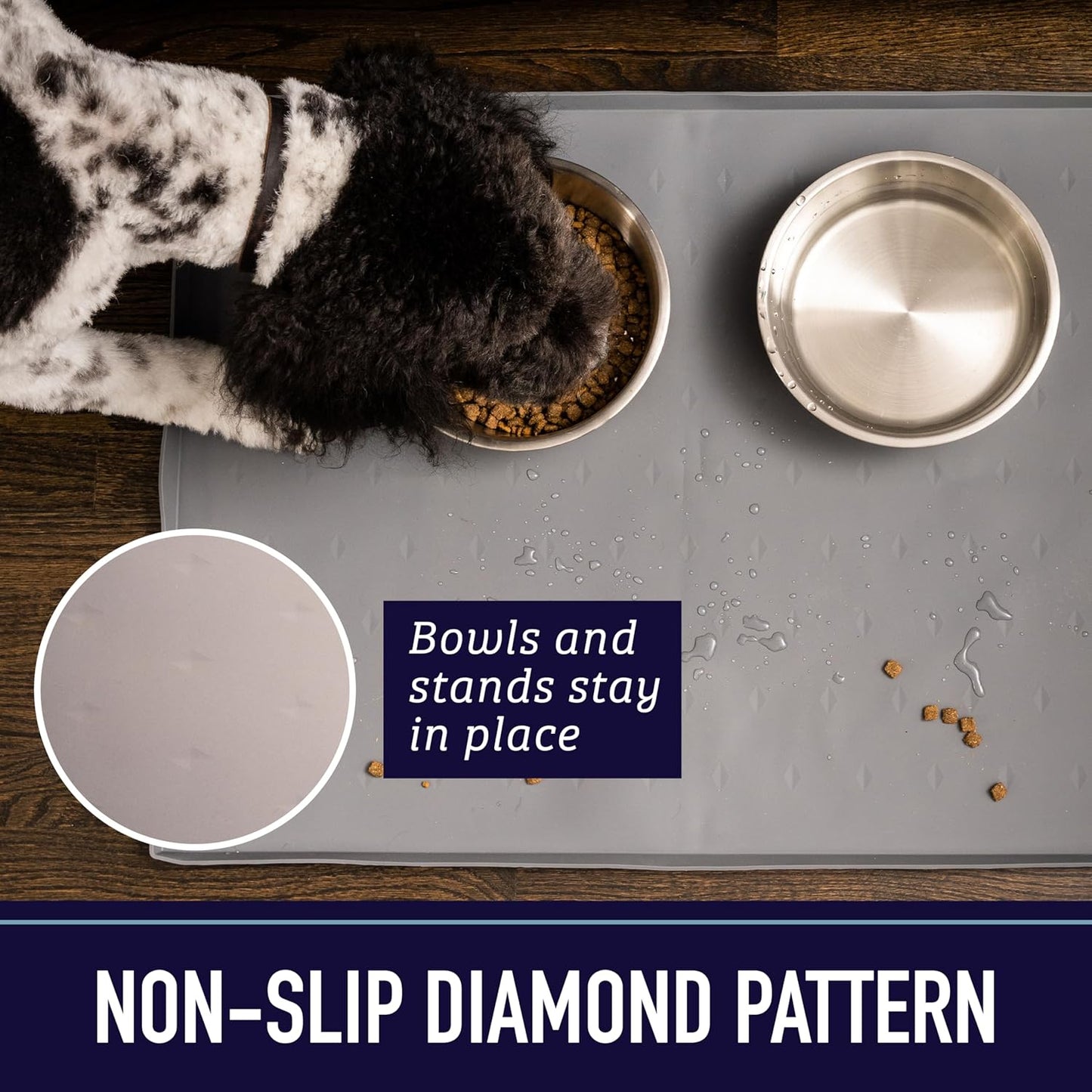 Leash Boss Waterproof Silicone Dog Food Mat - 18 x 11 in, Grey - Dog Bowl & Cat Bowl Mat with Raised Edges Non-Slip Feeding Tray for Floors