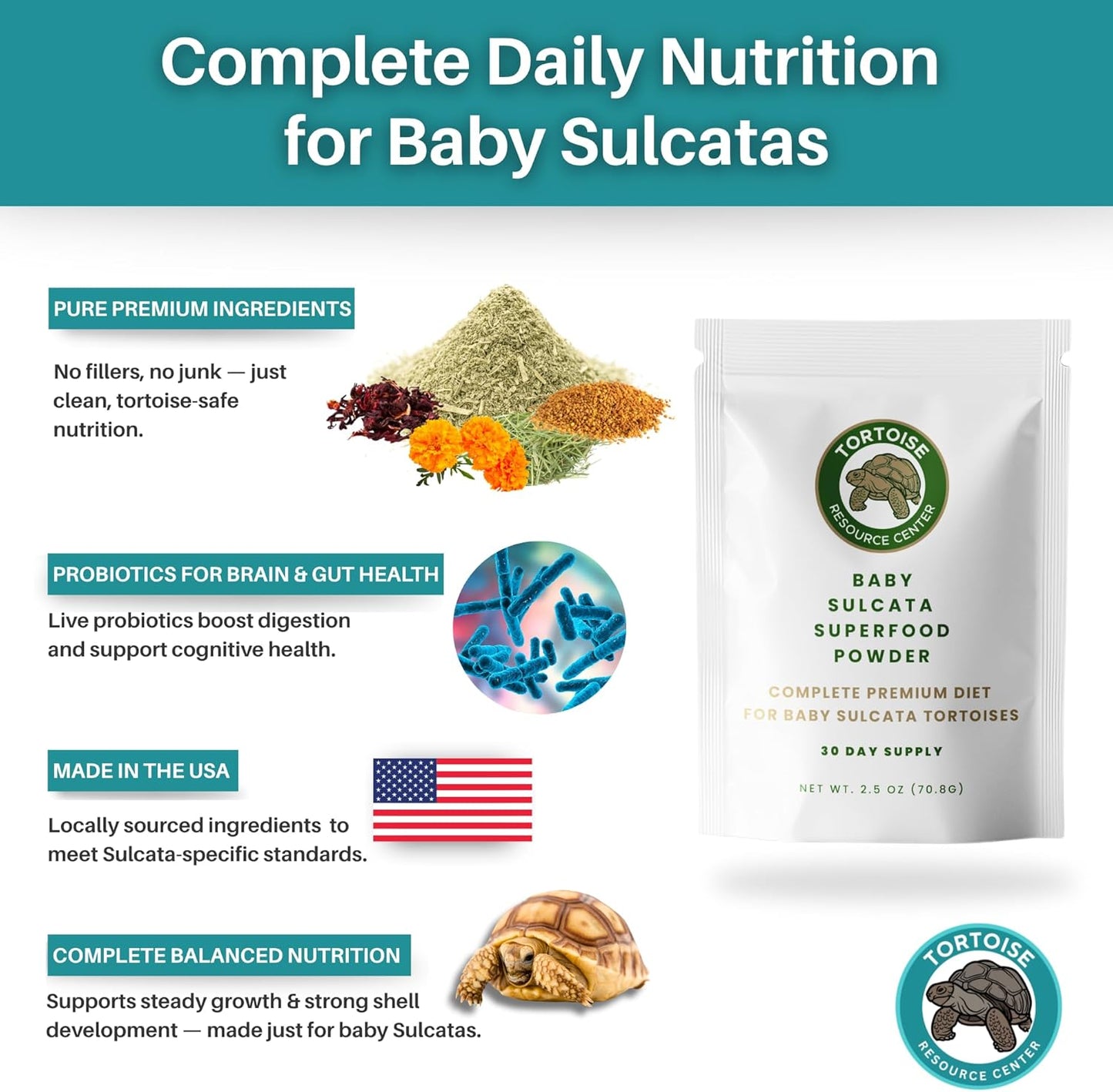 Premium Baby Sulcata Tortoise Food Powder with Calcium | Complete Diet for Baby Sulcata Tortoises | High Fiber, Low Protein with Probiotics for Growth & Shell Health | 4.5 oz Bag | 30-Day Supply