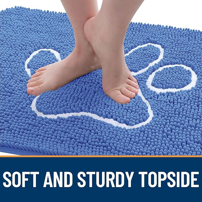 OLANLY Door Mat for Muddy Dog Paws 30x20, Absorbent Chenille Mud Doormat with Paw Print Design, Non-Slip Washable Doormat for Indoor Entryway, Quick-Dry Pet Bed Mats for Dirty Dogs, Cornflower Blue