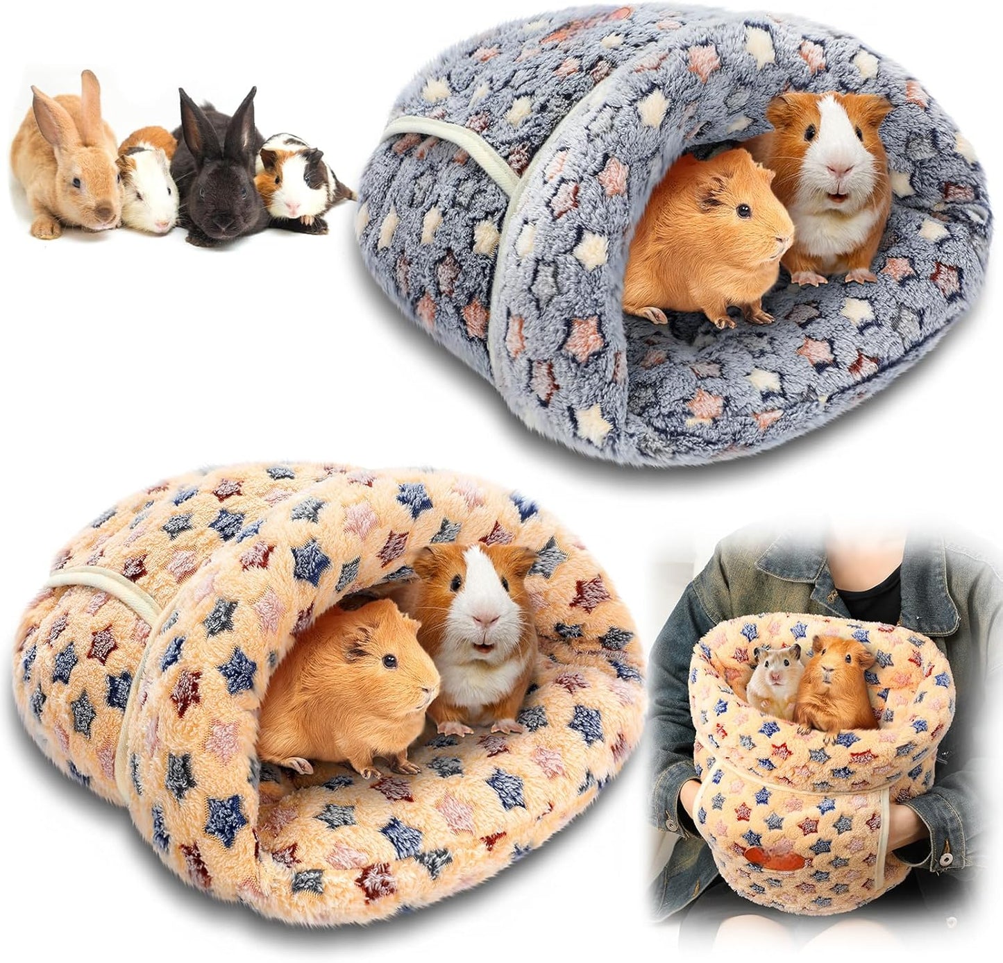 Wenqik 2 Pcs Guinea Pig Hideouts Washable Bunny Bedding Cuddle Warm Small Pet Sack Supplies Portable Pet Carrier Cage Nest Guinea Pig Accessories for Cage(Blue, Khaki,Star)