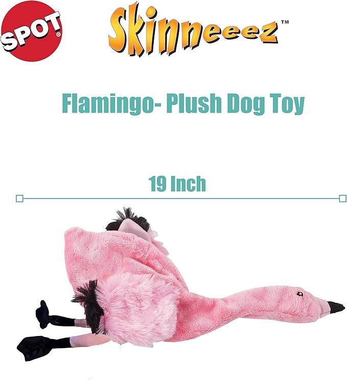 SPOT Skinneeez Flamingo 19 Inch Stuffing-Free Plush Dog Toy with Dual Squeakers – Long Interactive Chew Toy for Medium and Large Dogs – Mess-Free Play for Light & Moderate Chewers