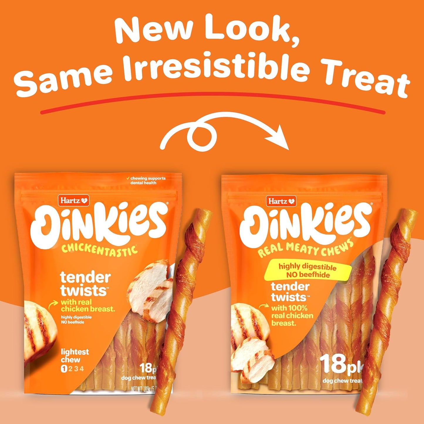 Hartz Oinkies Tender Twists with Real Chicken Breast Rawhide-Free Dog Treats, Highly Digestible Dog Chews, 18 Count