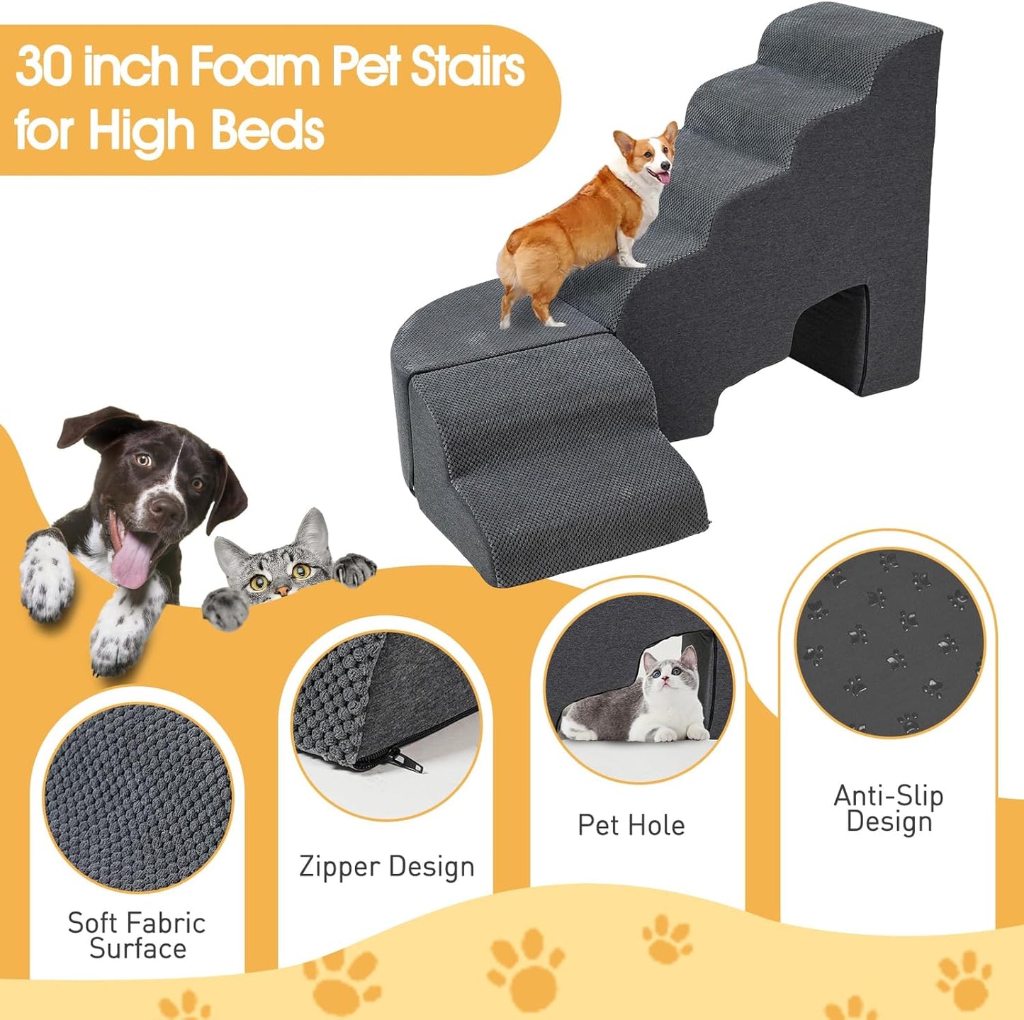 Dog Stairs for High Beds up to 30-36inch, A.FATI 6 Tiers Dog Steps Pet Stairs Adjust to Left Side of Bed, Non-Slip Pet Ramp for Small Dogs/Old Pets