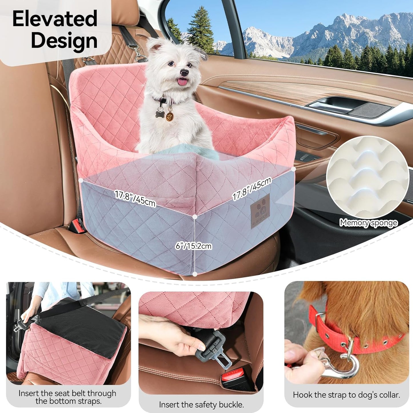 Dog Car Seat for Small/Medium Dogs, Dog Booster Car Seats with Thick Cushion for Dogs Under 35lbs, Detachable Washable Pet Bed with Storage Pockets, 2 Safety Belts (Pink)