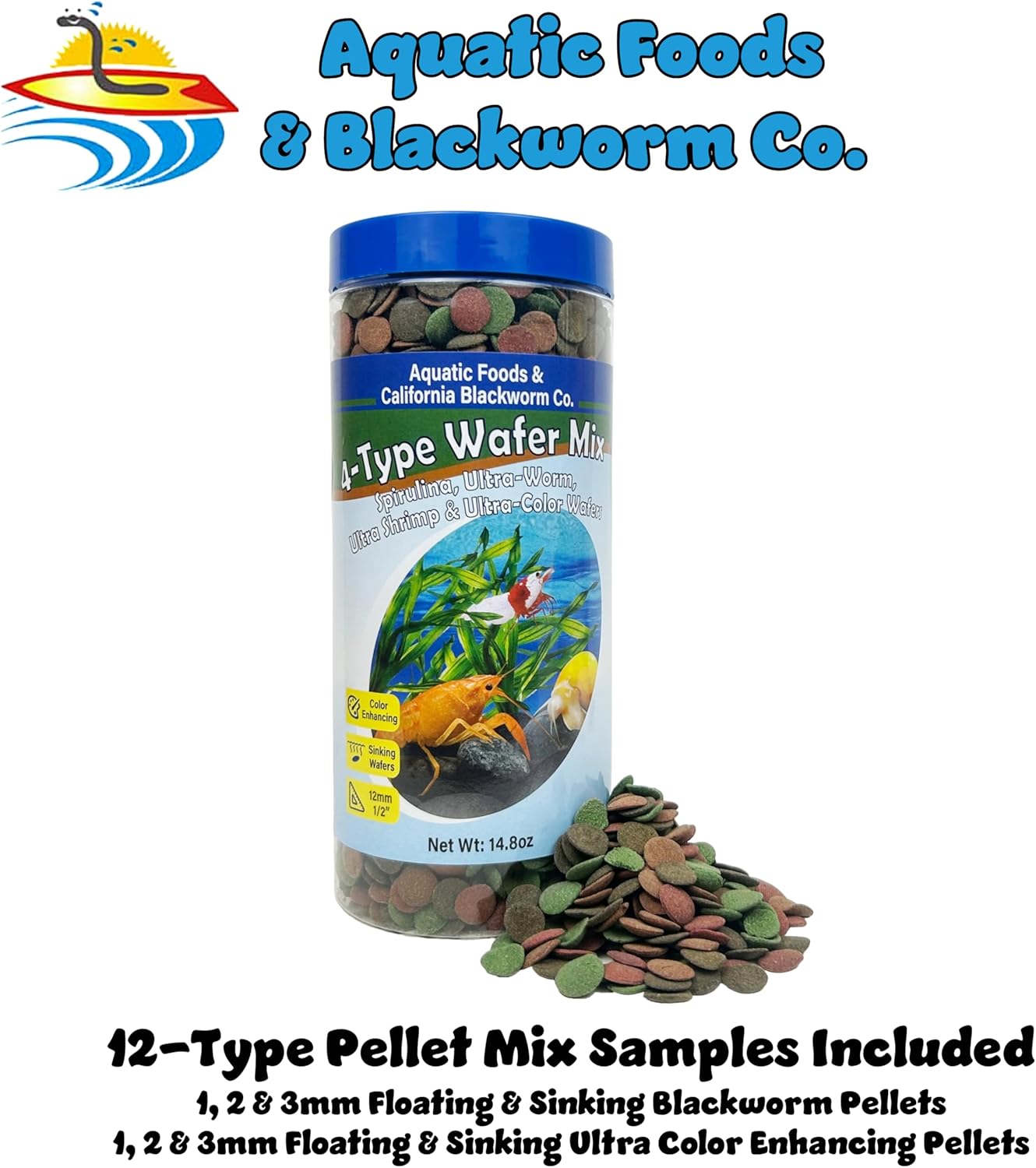 Aquatic Foods Inc. 4-Type 12mm - 1/2" Sinking Wafer Mix of Spirulina-Algae, Ultra-Worm, Shrimp, Color Enhancing for Shrimp, Snails, Crabs, Crayfish, Bottom Fish, 12-Type Pellet Mix Included...1-lb 6oz