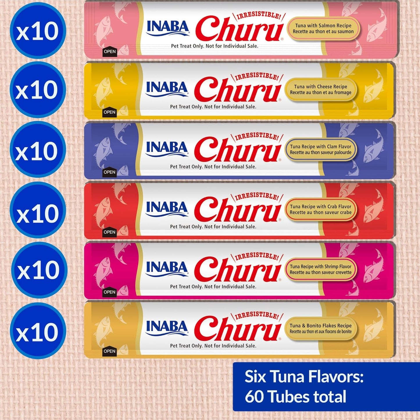 INABA Churu Cat Treats, Grain-Free, Lickable, Squeezable Creamy Purée Cat Treat/Topper, 60 Servings, Tuna Variety Box