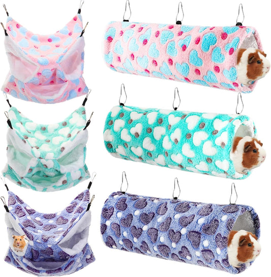 Sweetude 6 Pcs Rat Hammock Set Ferret Hanging Tunnel 3 Tier Guinea Pig Hammocks Hideout Soft Chinchilla Bed for Cage Accessories Hide,Play and Sleep(Lovely,Heart)