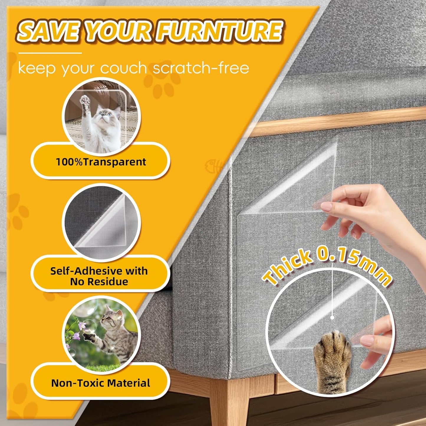Anti Cat Scratch Furniture Protector, 17" x 118" Self-Adhesive Couch Protector for Cat Claws, Heavy Duty Couch Cover Furniture Protectors from Cats Scratching Tape for Sofa, Corner, Door, Chair