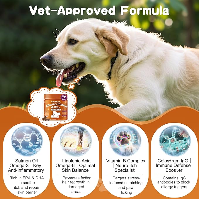 Dog Allergy & Itch Relief Supplement - Salmon Oil Omega-3, Omega-6, Vitamin B1/B2/B6, Colostrum Probiotics for Seasonal Allergy, Hot Spots, Paw Licking, 100 Chews, Store in Dry Place