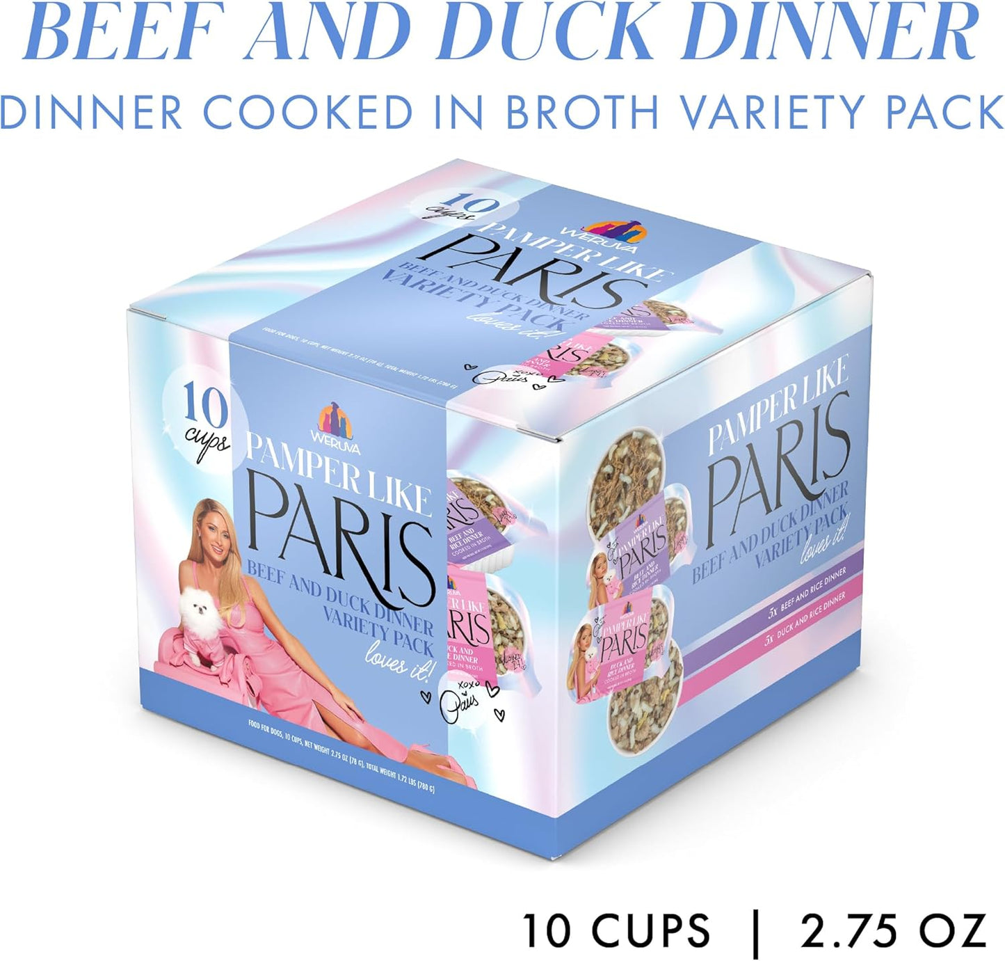 Pamper Like Paris Natural Wet Dog Food, Beef and Duck Recipes Cooked in Broth Variety Pack (2.75oz Cup, Pack of 10)