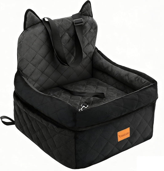 Dog Car Seat for Small/Medium Dogs Up to 35lbs,Elevated Cushion Fits in Front/Back Seat,Travel Safety Per Car Bed with Washable Removable Cover, Storage 2 Pockets Black