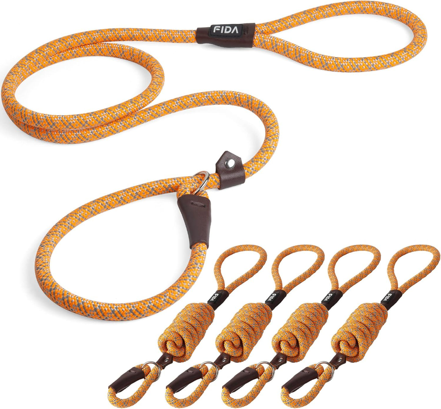 Fida Durable Slip Lead Dog Leash Bulk Pack of 5, Heavy Duty 1/2" x 6 FT Comfortable Strong Rope Slip Lead for Large, Medium Dogs No Pulling Pet Training Leash with Highly Reflective (Orange)