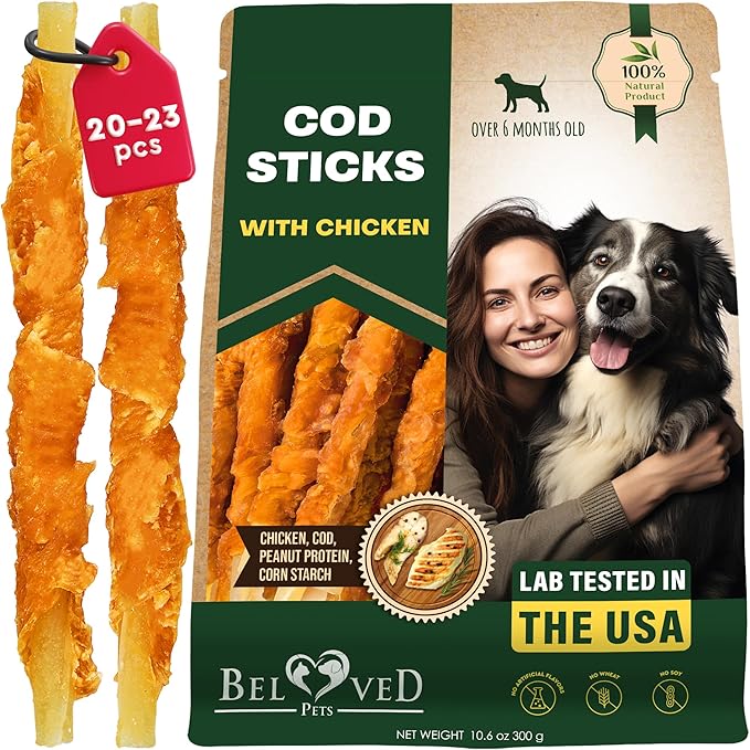 Beloved Pets Dog Treats Rawhide - Free Cod Sticks Chicken Wrapped 11 oz - All Natural & Grain Free Long Lasting Chews for Large & Small Dogs - Dried Pet Snacks - Support Healthy Teeth & Skin Coat
