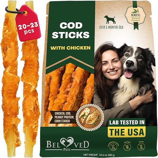 Beloved Pets Dog Treats Rawhide - Free Cod Sticks Chicken Wrapped 11 oz - All Natural & Grain Free Long Lasting Chews for Large & Small Dogs - Dried Pet Snacks - Support Healthy Teeth & Skin Coat