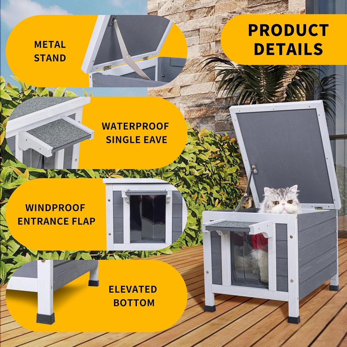GEGURI Outdoor Cat House, Weatherproof Shelter for Ferrel Cats, Dogs, Rabbits Hutch with Elevated Floor, Asphalt Roof