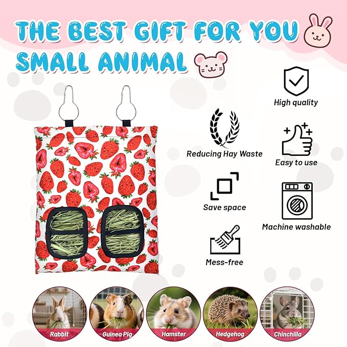 3 Pcs Rabbit Hay Feeder, 2-Hole Hanging Guinea Pig Hay Bags Washable Bunny Hay Bag for Rabbits, Chinchillas, Hamsters, Small Pets and Animals (11.8"×8.7")