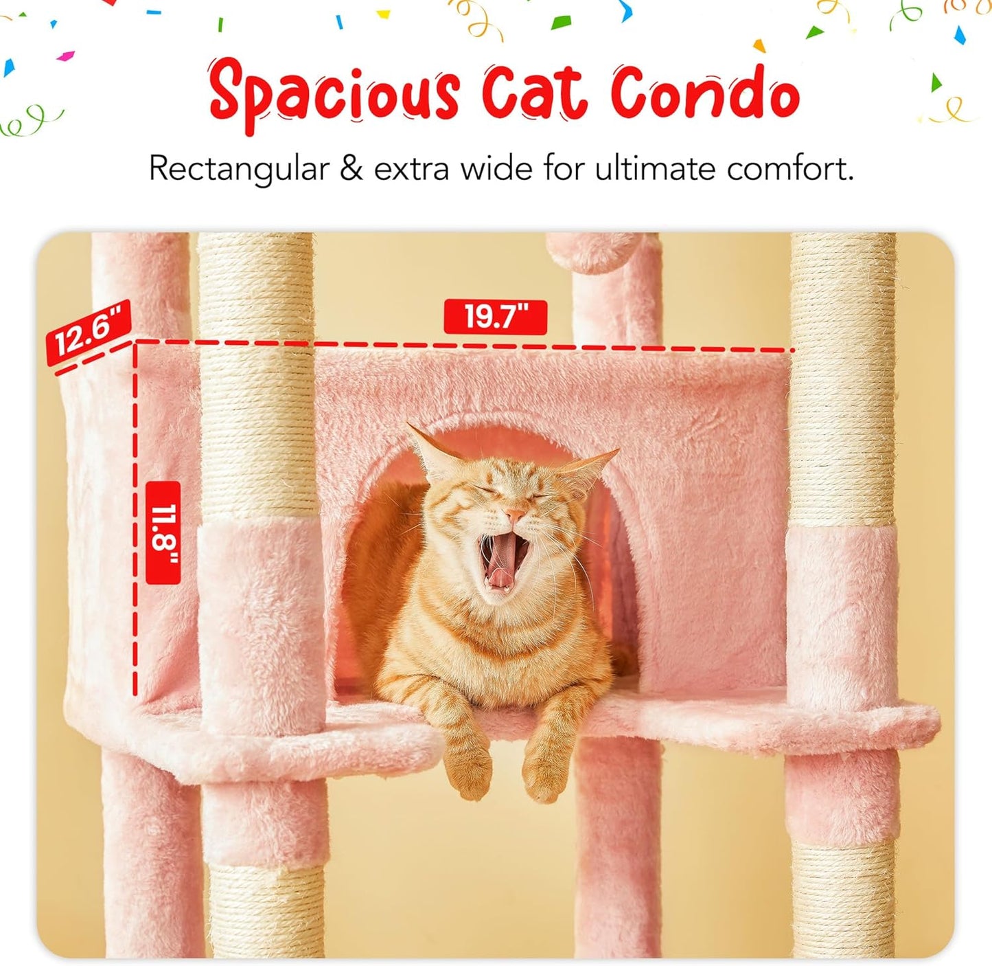 77-Inch Pink Cat Tree for Indoor Cats, Multi-Level Large Cat Tower with 4 Hammocks, 2 Padded Perches, Cat Condo, Sisal Scratching Posts and Hanging Toys for Large Adult Cat