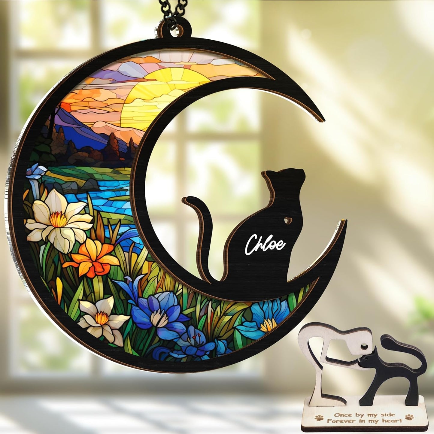 6'' DIY Cat on Moon Memorial Suncatcher, Personalized Name Cat Sympathy Ornament Window Hanging, Ideas Gift for Loss of Pet Passing Away, Remembrance Keepsake for Pet Lovers SCC-B11-6-03