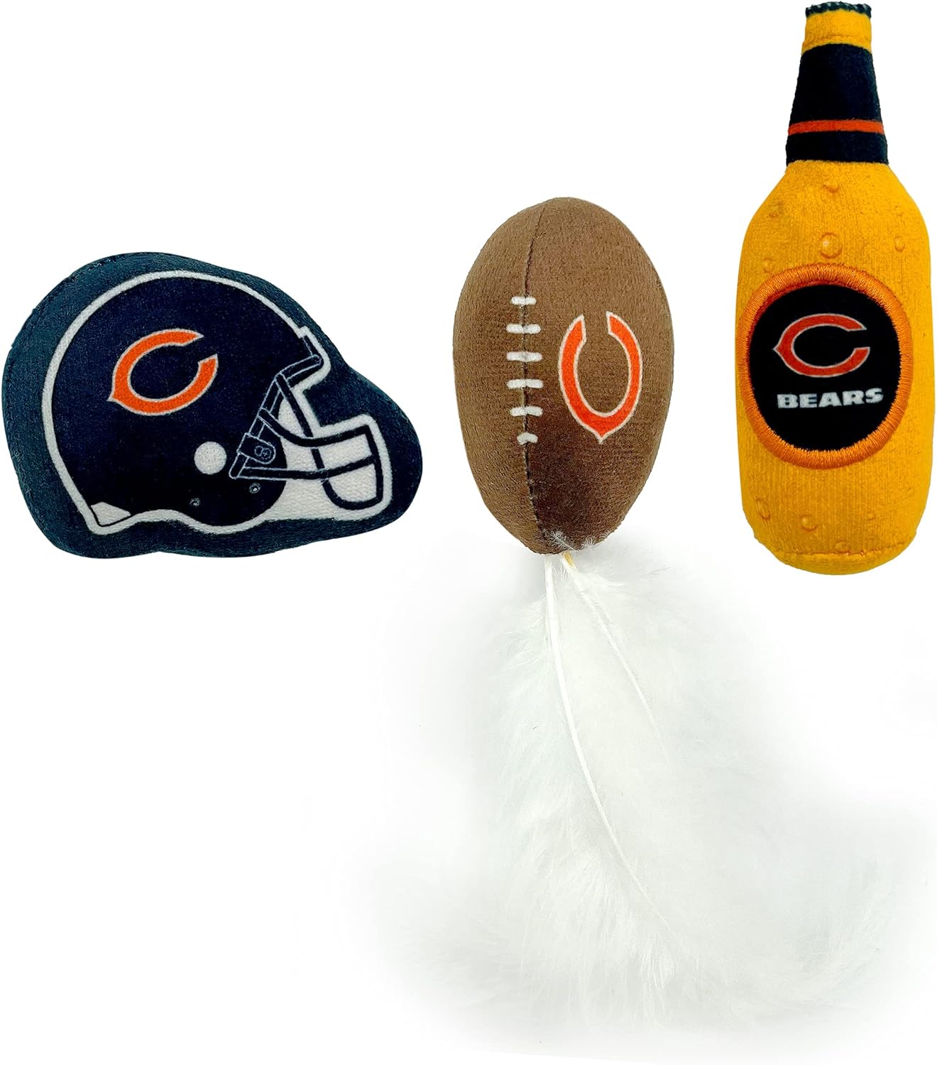 Best Plush CAT Toy - NFL Chicago Bears Complete Set of 3 Piece Cat Toys Filled with Fresh Catnip. Includes: 1 Helmet Cat Toy, 1 Football Cat Toy with Feathers & 1 Beer Bottle. Beautiful Team Logos