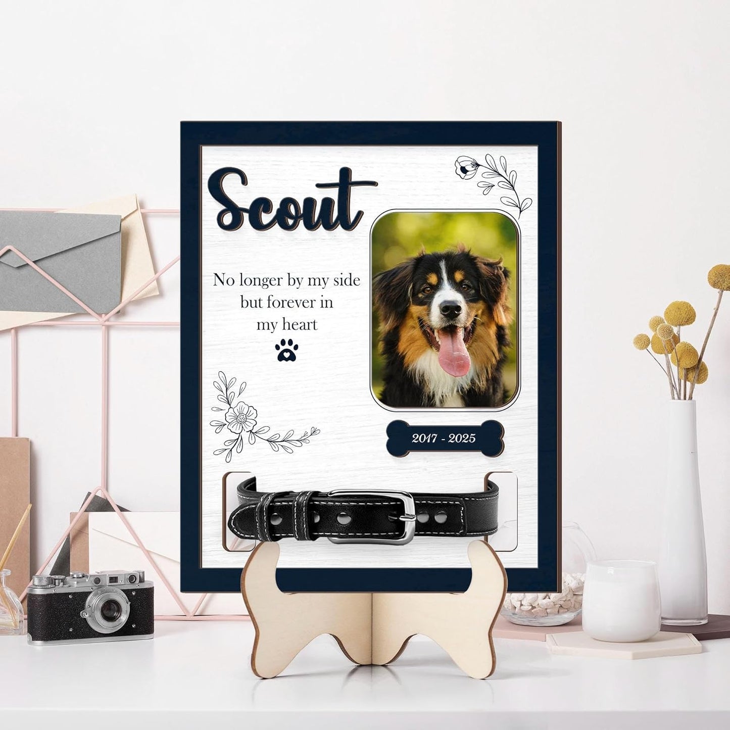 Custom Dog Sympathy Gift with Collar Display and Photo – Personalized Dog Memorial Collar Frame, Pet Collar Holder Keepsake, Dog Loss Sympathy Gift for Dog Lovers