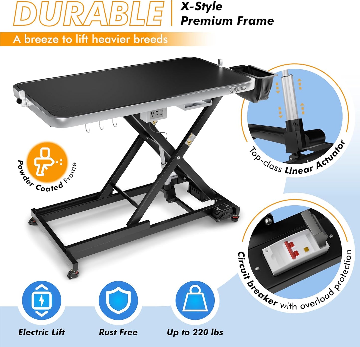 KANIS Professional Electric Dog Grooming Table - Heavy Duty, Height Adjustable Pet Grooming Table w/Leveling Wheels, Grooming Arm, Anti Slip Tabletop & Tool Organizer/Dog Grooming Station (49", BLACK)