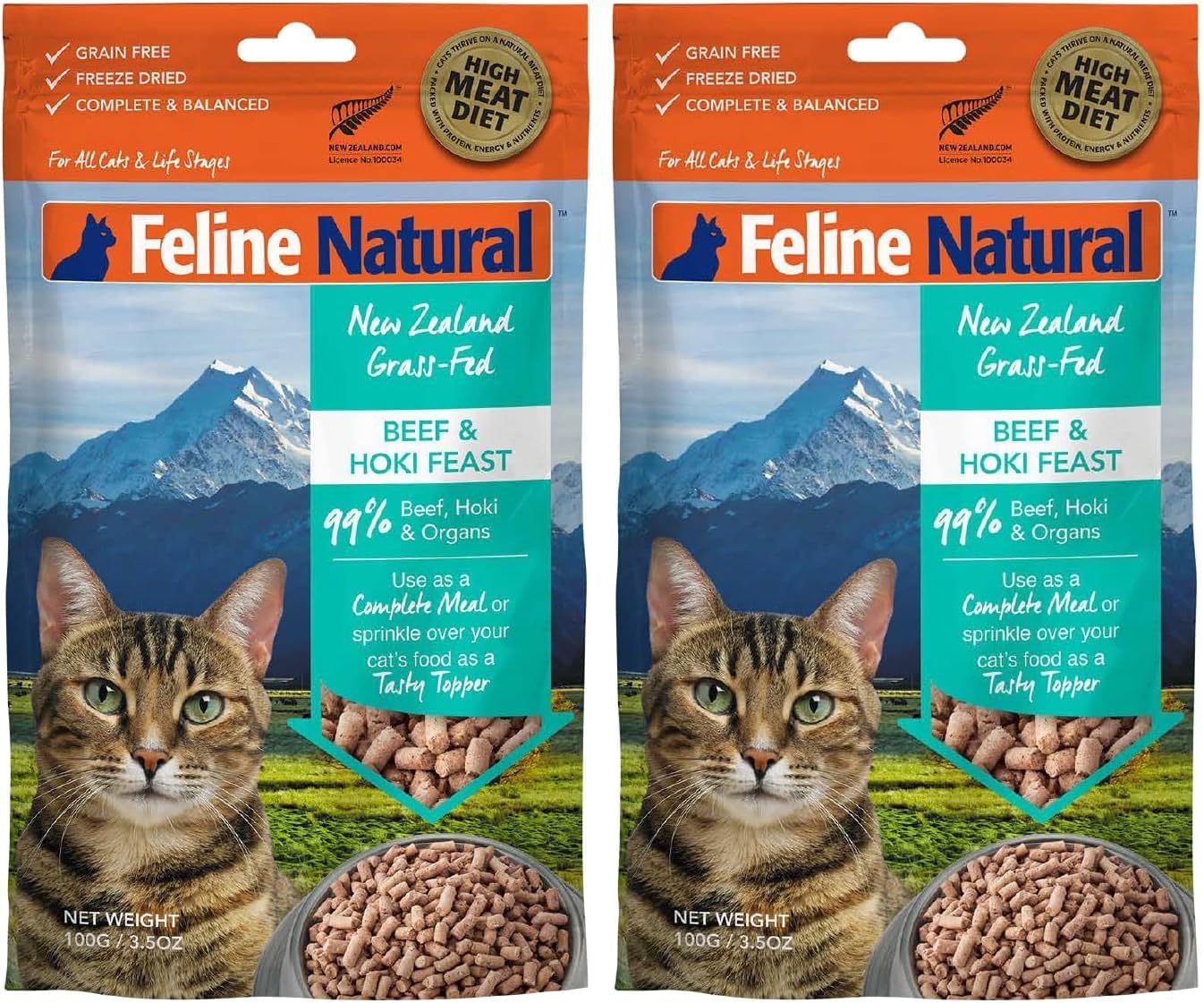 Feline Natural High Protein Dry Cat Food, Freeze-Dried Diet with 98% Meat, Organs & Seafood, No Peas, Grains, or Artificial Additives, Made in New Zealand Beef & Hoki, 3.5oz (Pack of 2)