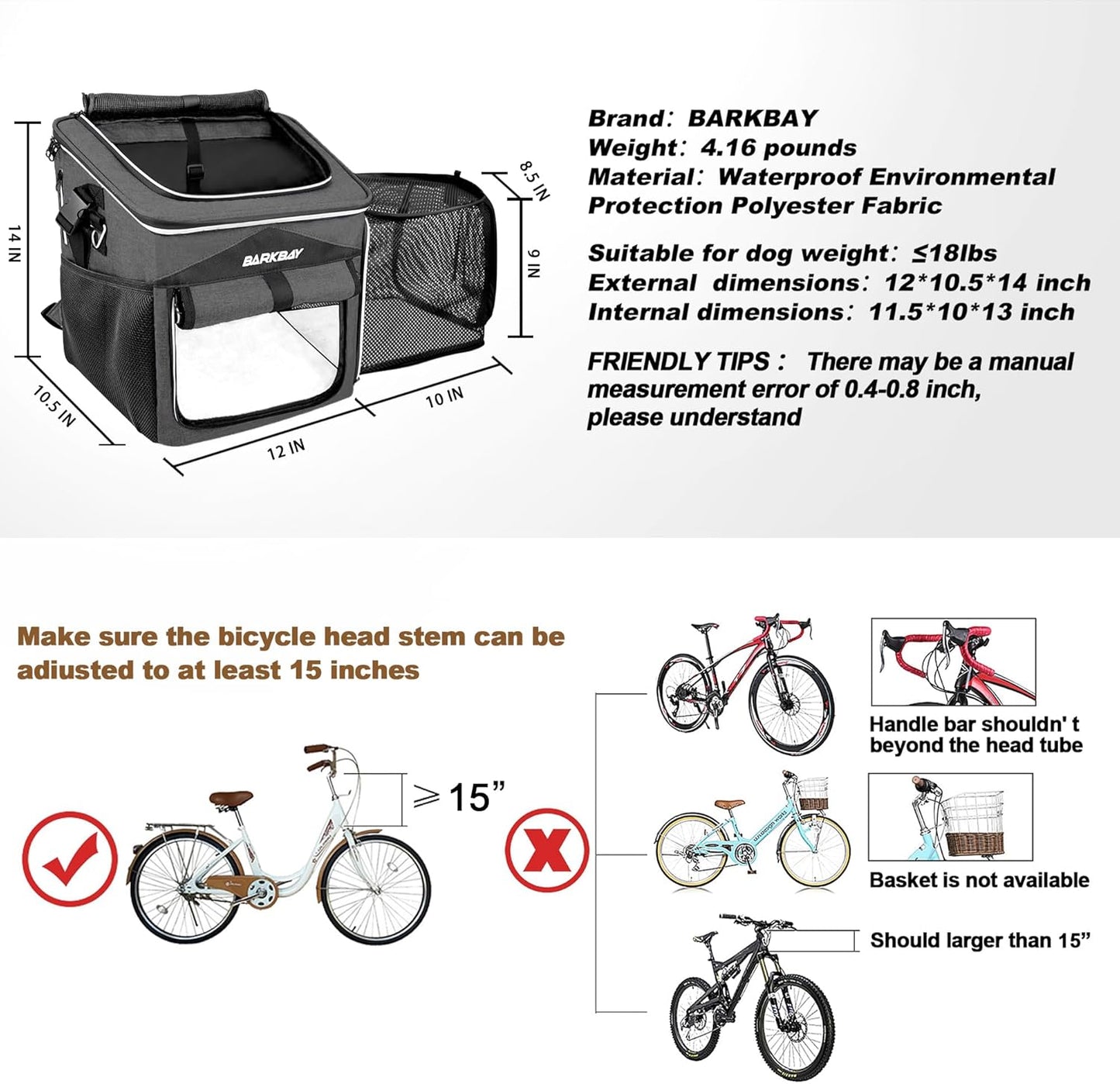Dog Bike Basket Carrier, Expandable Foldable Soft-Sided Dog Carrier, 2 Open Doors, 5 Reflective Tapes, Pet Travel Bag,Dog Backpack Carrier Safe and Easy for Small Medium Cats and Dogs(Black)