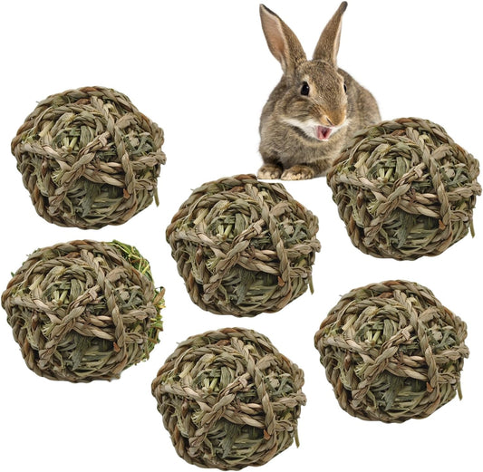 kathson 6 Pcs Rabbit Chew Grass Balls,Bunny Grass Toy Handmade Timothy Hay Ball Small Animal Treats Teeth Grinding Chews for Rabbits Chinchillas Guinea Pigs Hamsters Mice Gerbils