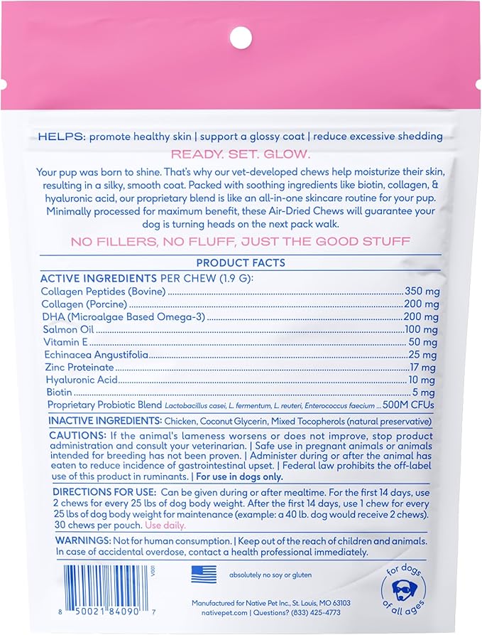 Native Pet Omega Skin and Coat Chews for Dogs - Dog Skin and Coat Supplement for Healthy, Shiny Fur, Reduce Shedding and Dry Spots - Made with Omega 3 Fish Oil and Wild-Caught Salmon Oil - 30 Chews