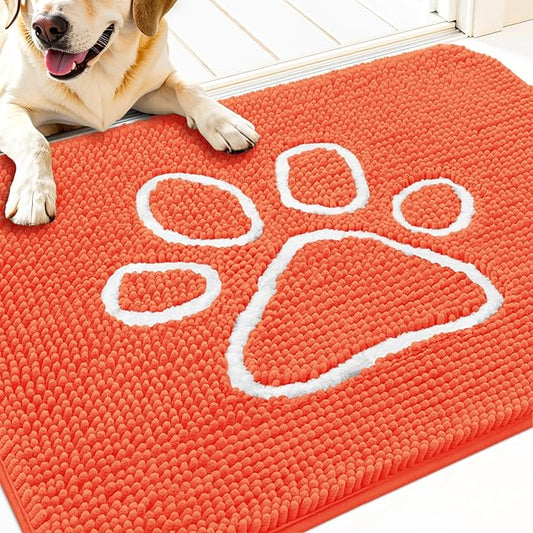 OLANLY Door Mat for Muddy Dog Paws 30x20, Ultra Absorbent Chenille Mud Doormat with Paw Print Design, Non-Slip Washable Doormat for Indoor Entryway, Quick-Dry Pet Bed Mats for Dirty Dogs, Coral