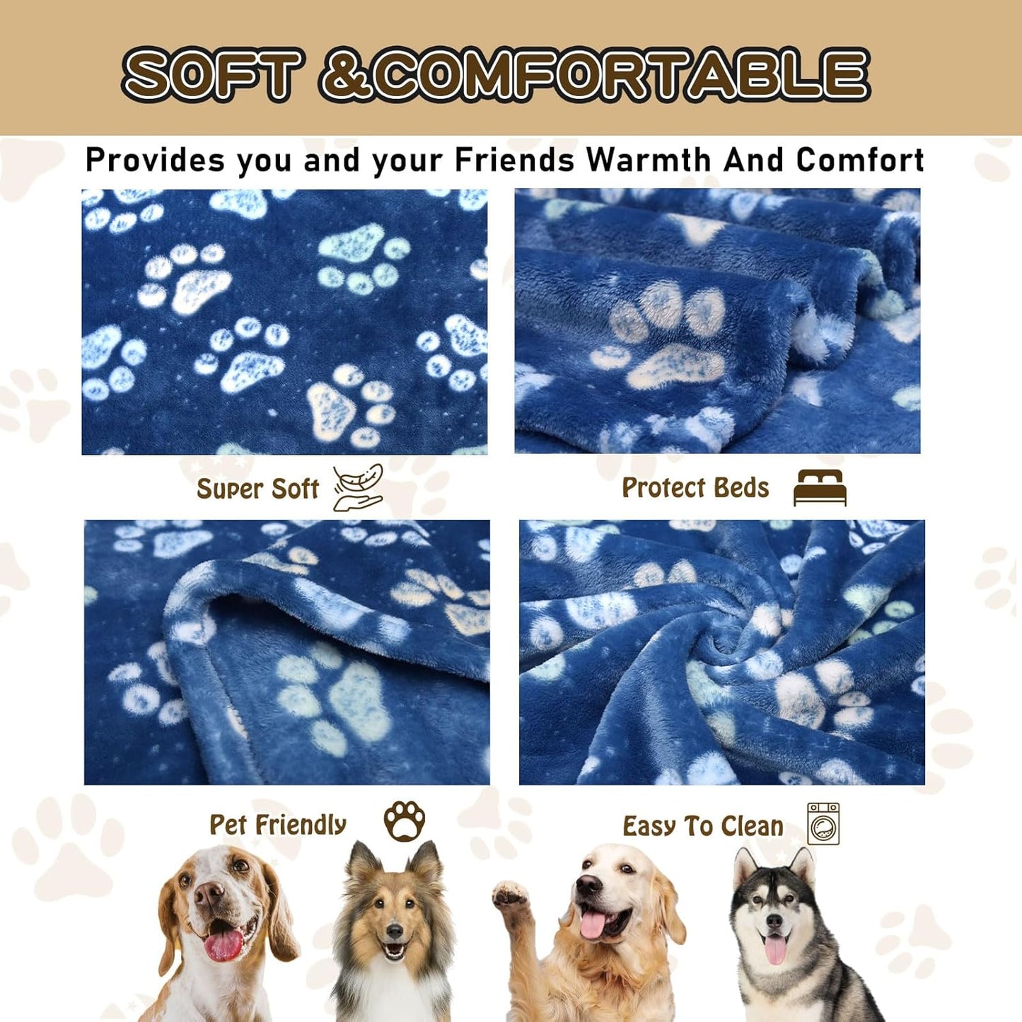 Flannel Pet Blankets for Large Dogs & Cats - Washable, Soft Mat Throw Cover for Kennel, Crate, Bed - Cute Paw Pattern - Navy Blue 60" x 80"