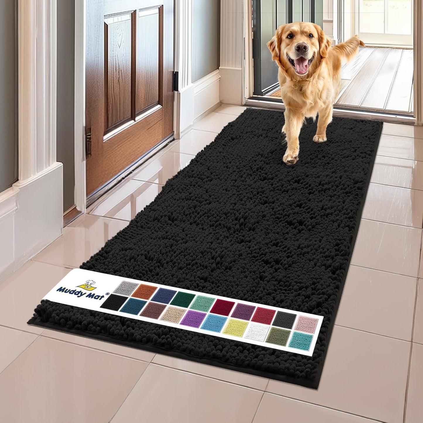 Muddy Mat® AS-SEEN-ON-TV Highly Absorbent Microfiber Door Mat and Pet Rug, Non Slip Thick Washable Area and Bath Mat Soft Chenille for Kitchen Bathroom Bedroom Indoor and Outdoor-Black Runner 24"X60"