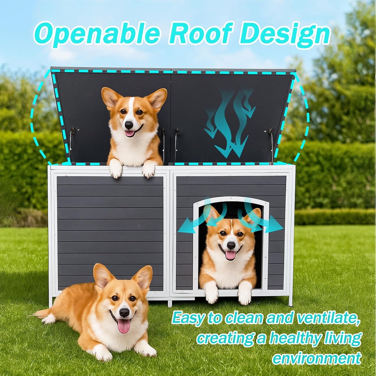 Geguri All-Weather Dog House for Medium to Large Dogs | Weatherproof Asphalt Roof, Chew-Proof Frame, Elevated Base, Extra Large (Grey, 59.1" L × 34.3" W × 34.6" H)
