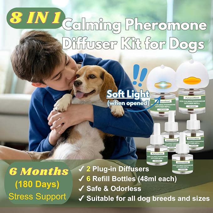 8-in-1 Dog Calming Diffuser Kit – 2 Plug-Ins + 6 Refills, Pheromone-Based Pet Stress Support, 180-Day Supply, Helps Promote Calm Behavior, Safe & Non-Toxic
