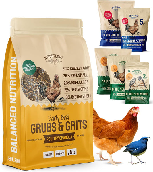 5lb Grubs & Grits Organic Chicken Feed - 3 Grub Blend with Oyster Shells & Grits - Dried Mealworms for Chickens Plus Large & Small Black Soldier Fly Larvae - Food Designed for Foraging