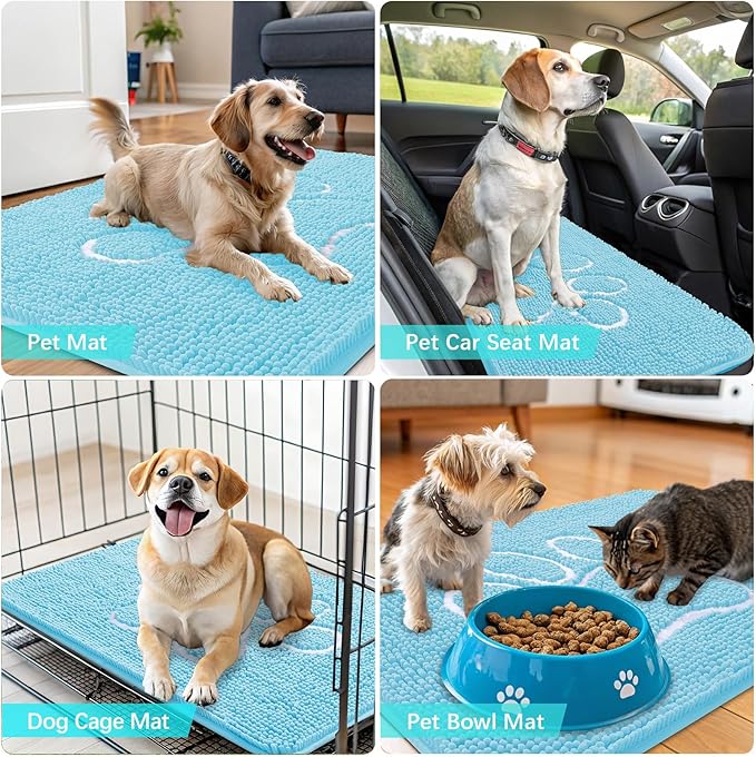 OLANLY Door Mat for Muddy Dog Paws 24x16, Ultra Absorbent Chenille Mud Doormat with Paw Print Design, Non-Slip Washable Doormat for Indoor Entryway, Quick-Dry Pet Bed Mats for Dirty Dogs, Blue