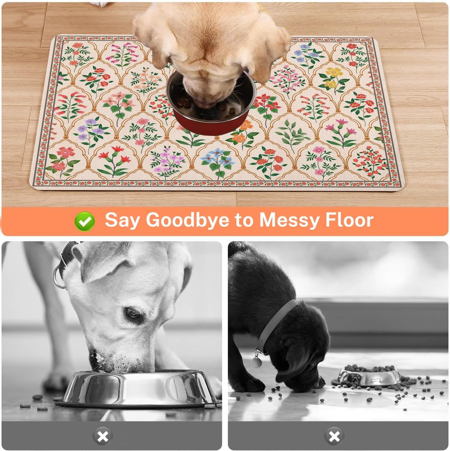 Absorbent Pet Dog Bowl Mat for Food and Water, Pet Cat Food Feeding Mat with Non Slip Rubber Backing, Dog Food Mats for Floors Waterproof, 17"x30"