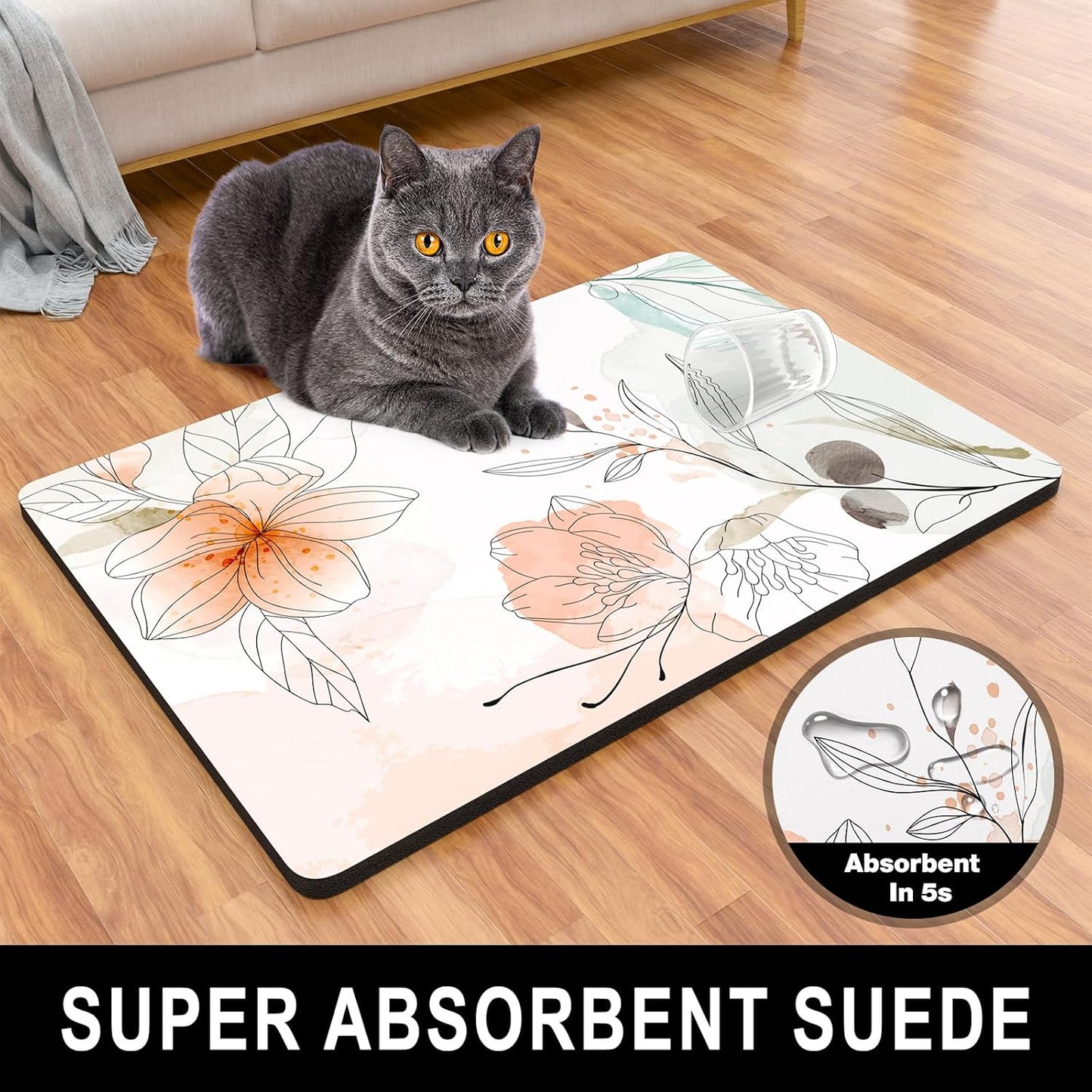 Dog Food Mat, 12" x 19" Absorbent Dog Cat Bowl Mat for Food and Water, Cute Anti-Slip Rubber Pet Feeding Rug Protect Floors, Placemat for Feeding & Watering Supplies, Watercolor Flowers