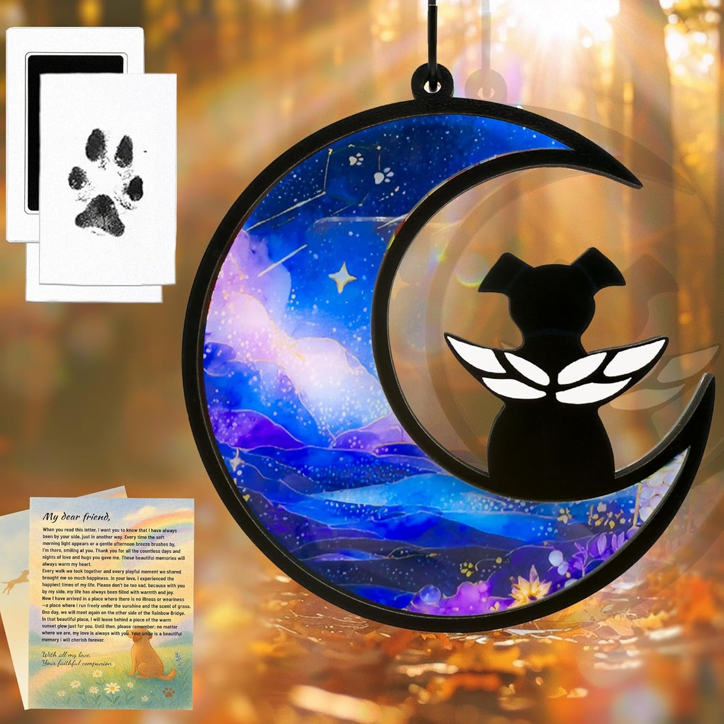 Dog Memorial Gift for Loss of Dog – DIY Angel Memorial Suncatcher & Paw Print Kit for Dogs with Sympathy Card | Pet Memorial Keepsake(Starry Haven)