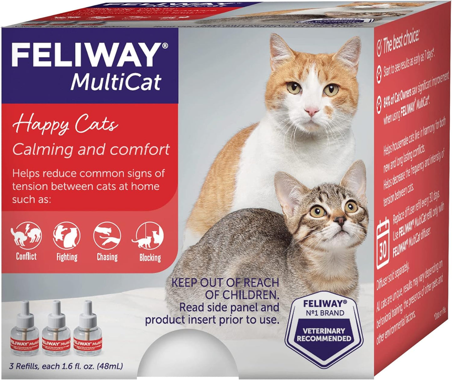 FELIWAY® MultiCat 3 x 30 Day Cat Calming Refills for Pheromone Diffuser, 3 x 48ml Value Pack- Helps Reduce Conflicts and Signs of Tension in Multi-Cat Households