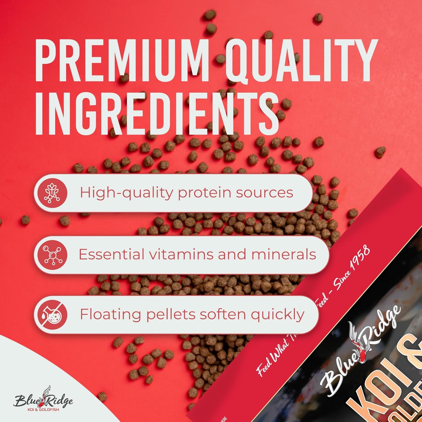 Blue Ridge Koi Fish Food 5lb - Koi Food Large 3/16" Growth Formula, Goldfish Food, Premium Fish Food for Ponds, Ponds Fish Food, Floating Pond Pellets