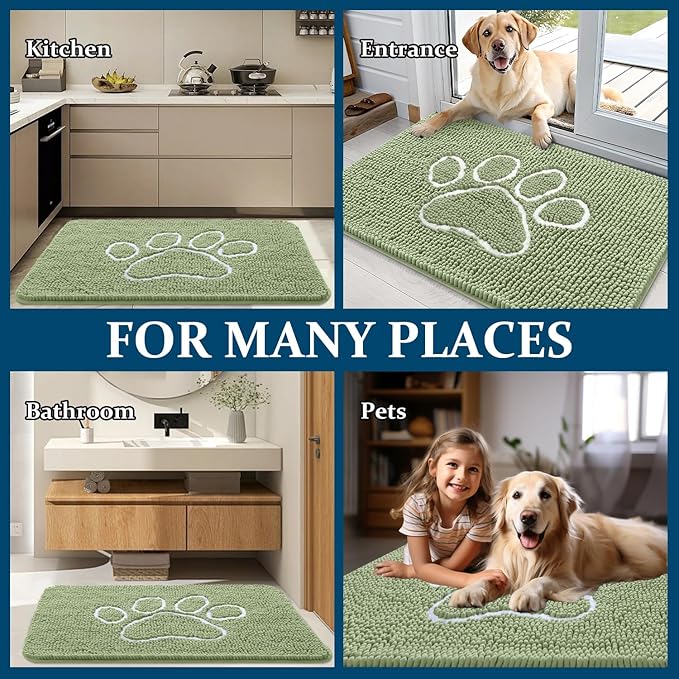 OLANLY Door Mat for Muddy Dog Paws 70x24, Ultra Absorbent Chenille Mud Doormat with Paw Print Design, Non-Slip Washable Doormat for Indoor Entryway, Quick-Dry Pet Bed Mats for Dirty Dogs, Sage Green