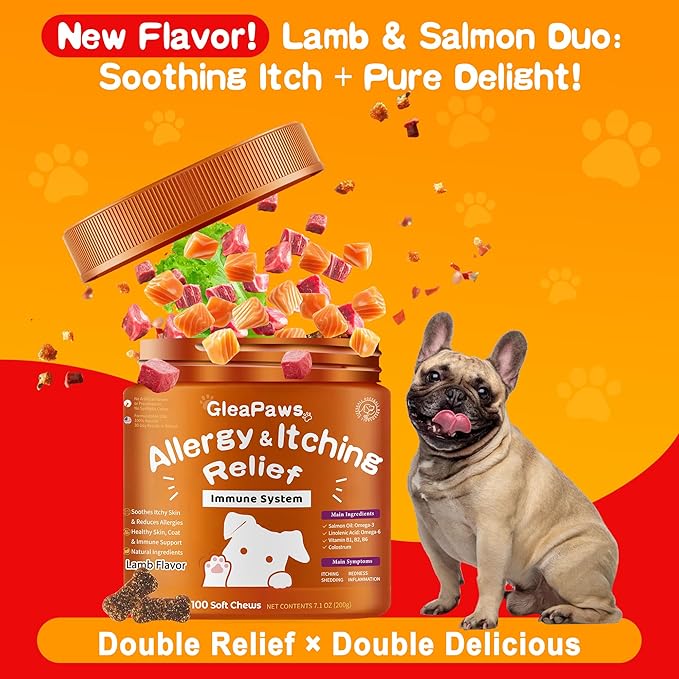 Dog Allergy & Itch Relief Supplement - Salmon Oil Omega-3, Omega-6, Vitamin B1/B2/B6, Colostrum Probiotics for Seasonal Allergy, Hot Spots, Paw Licking, 100 Chews, Lamb+Salmon Oil