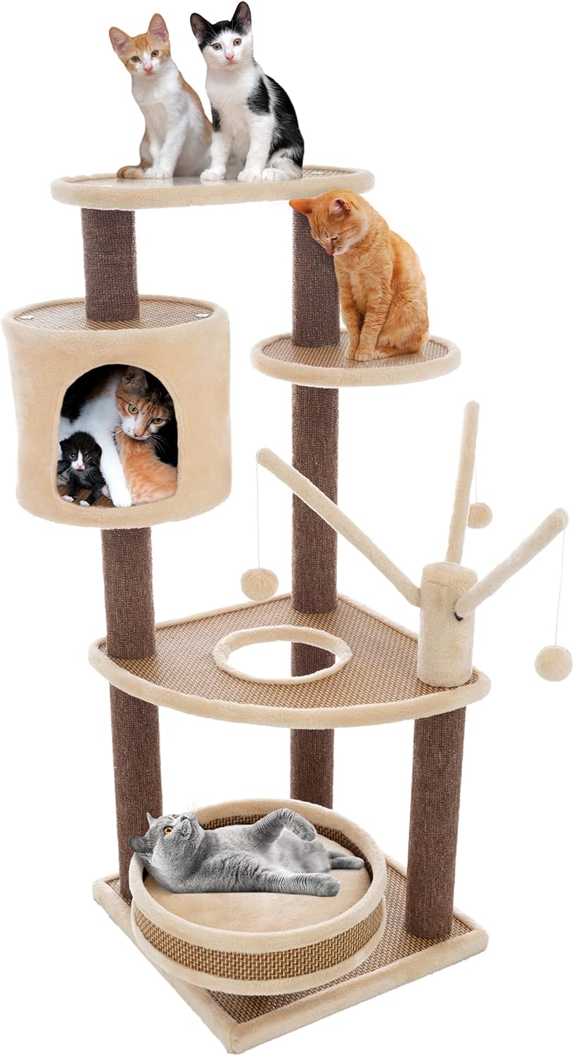 6-Tier Cat Tower- Cushioned Pet Bed, Napping Perches, Kitty Condo Hut, and Spring Arms with 3 Hanging Toys Fully Carpeted by PETMAKER (Brown/Beige)