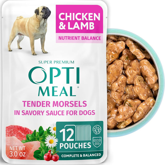 Optimeal Wet Dog Food Pouches - Grain Free Chicken & Lamb Recipe, High Protein, Tender Morsels in Savory Sauce, Made with Natural Ingredients for Dogs, Premium Nutrition - 3 oz, Pack of 12