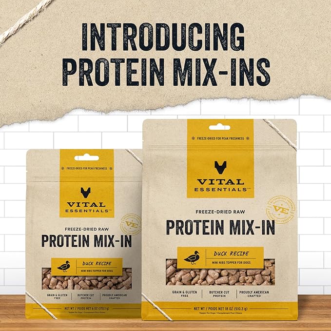 Vital Essentials Freeze Dried Raw Protein Mix-in Dog Food Topper, Duck Mini Nibs Topper for Dogs, 18 oz