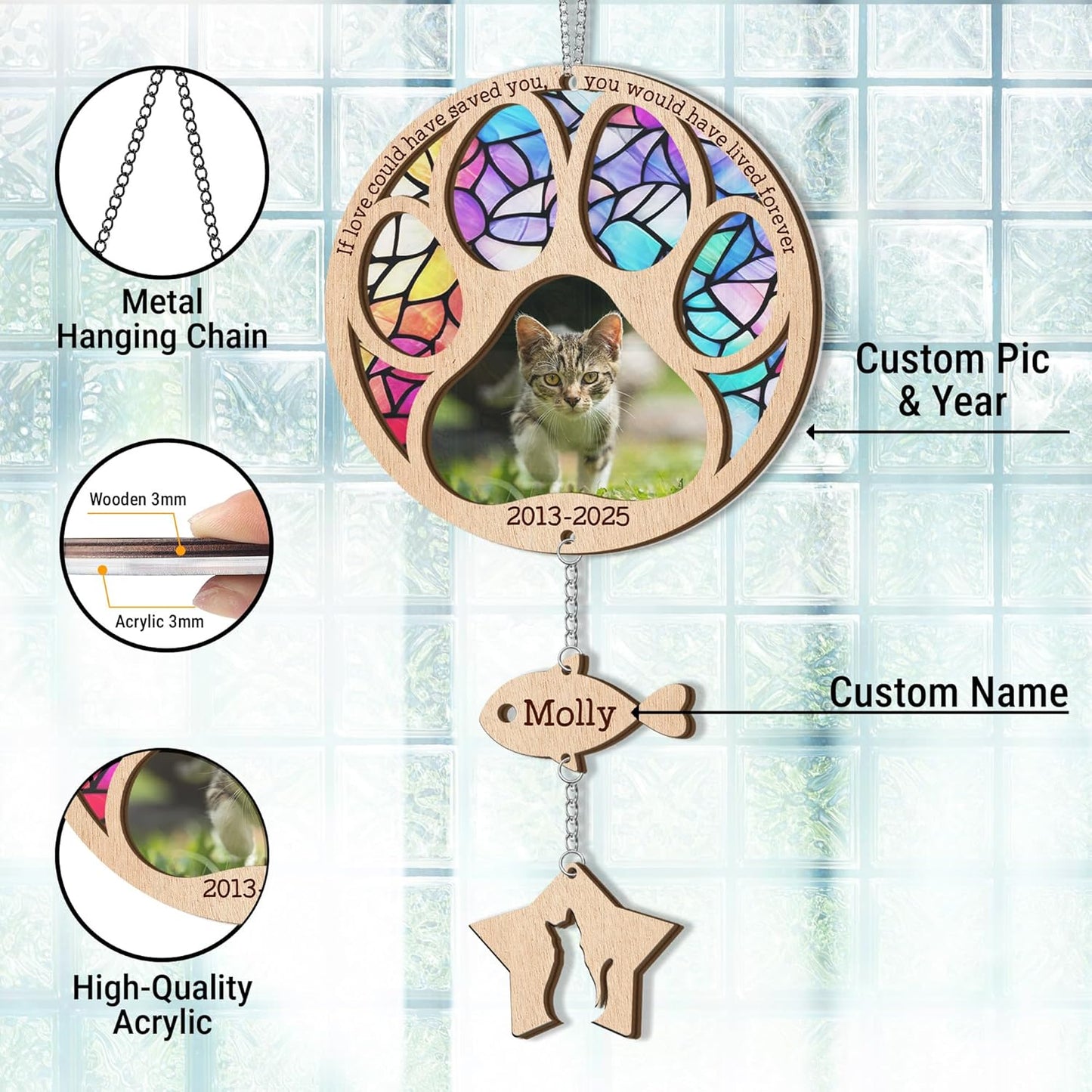 Customized Pet Loss Sympathy Gift for Cats | Custom Pet Memorial Suncatcher with Charms | Custom Cat Loss Sympathy Gift | Round Paw Stained Glass Suncatcher for Your Beloved Cat Passed Away