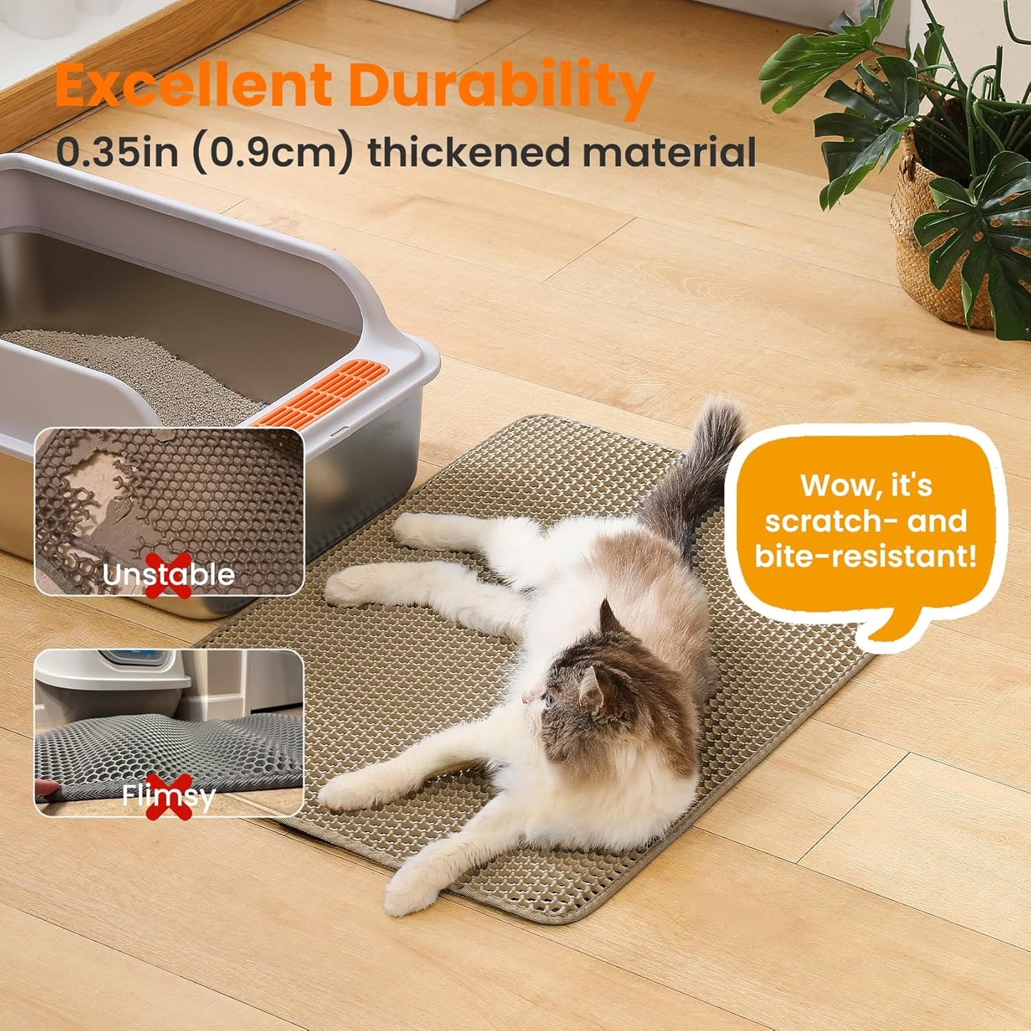 Extra Large Cat Litter Mat, 30x22 Inches Honeycomb Double Layer Cat Litter Trapping Mat, Non Slip Waterproof Urine Proof Large Kitty Litter Box Mat for Floor, Kitten Supplies, XL, Beige