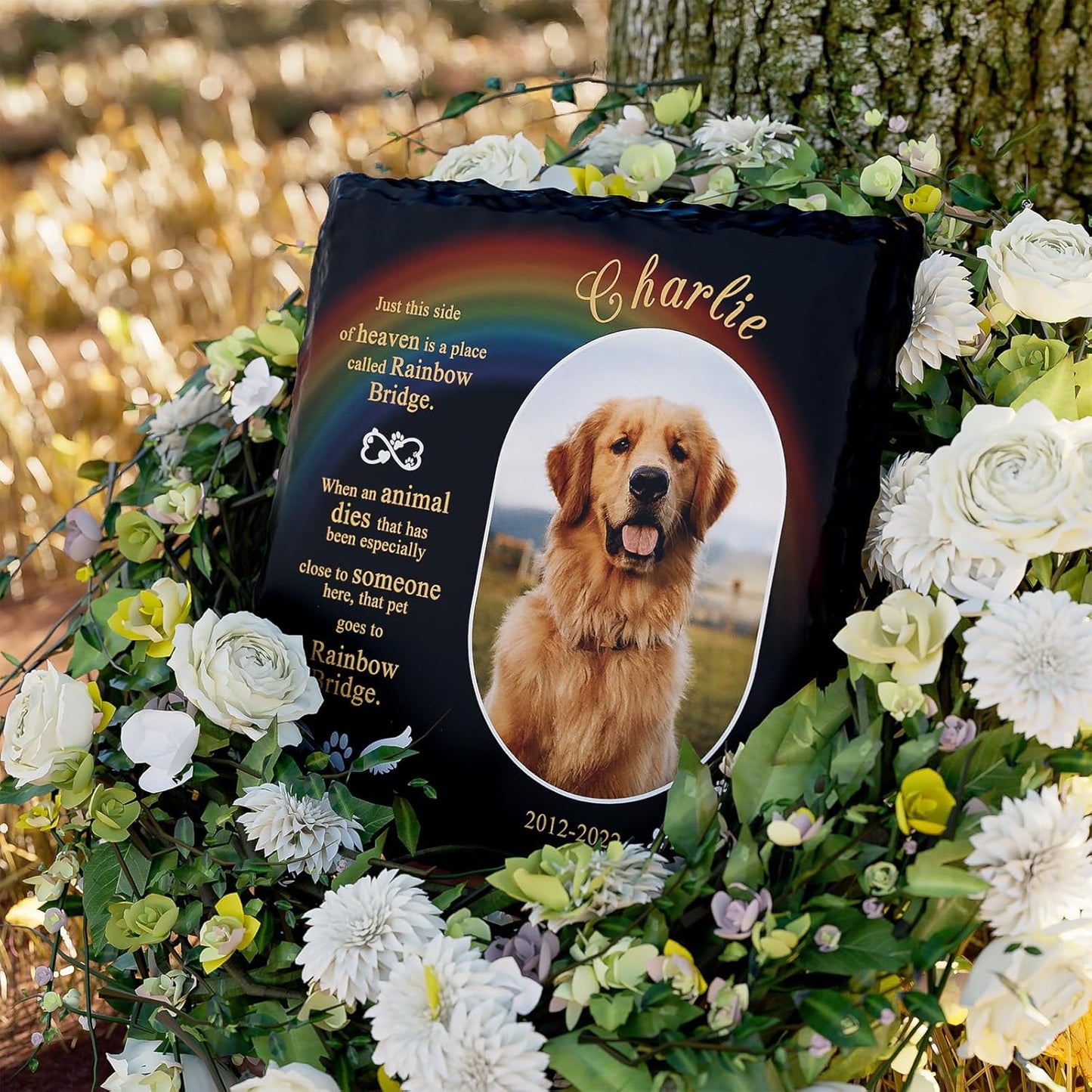 Bemaystar Personalised Dog Memorial Plaque - Customized Rock Slate Stone Picture Frame Plaque with Photo, Pet Memorial Sign with Stand Natural Slate Grave Plaque Pets Bereavement Gifts Loss of Pet